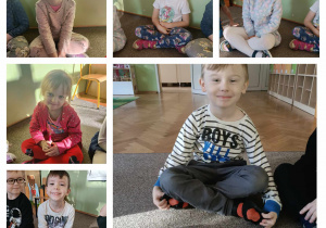 Dzieci siedzą na dywanie i ćwiczą stosunki przestrzenie z wykorzystaniem kredek.