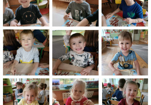 Dzieci uśmiechają się do zdjęć w trakcie wykonywania pracy plastycznej.