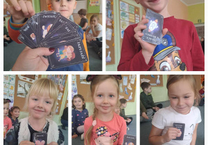 Kolaż zdjęć - dzieci pokazują wylosowane karty z wróżbą co je czeka w przyszłości