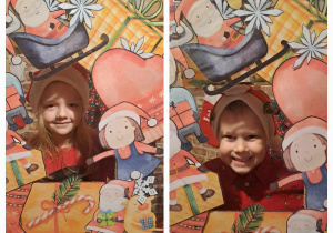 Dziewczynka i chłopiec uśmiechają się do zdjecia trzymając fotoramkę z napisem Mikołajki i świątecznymi obrazkami