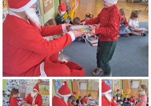 Kolaż zdjęć - Mikołaj wręcza dzieciom prezenty