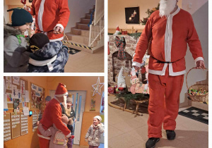 Święty Mikołaj częstuje dzieci cukierkami z koszyka
