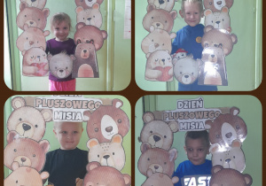 Kolaż zdjęć. Dzieci pozują w fotoramce z napisem Dzień pluszowego Misia.