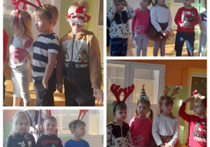 Kolaż zdjęć. Dzieci stoją z załozonymi rekwizytami świątecznymi.