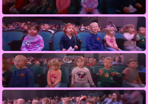 Kolaż zdjęć. Dzieci siedzą na sali w teatrze