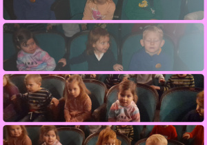 Kolaż zdjęć. Dzieci siedzą na sali w teatrze