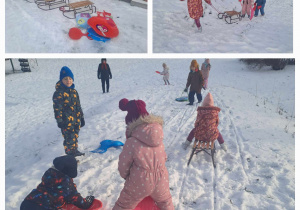 Dzieci szykują się do zabaw na śniegu, ciągną sanki