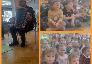 Dzieci uważnie słuchają utworów wykonanych przez muzyka. Muzyk prezentuje akordeon.