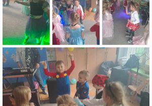 Dzieci tańczą na balu karnawałowym - kolaż zdjęć