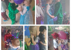 Dzieci w przebraniach tańczą z balonami na balu karnawałowym - kolaż zdjęć