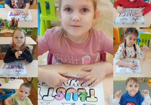 Dzieci przy stolikach kolorują napis tłusty czwartek