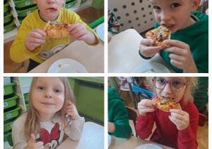 Dzieci siedzą przy stoliku u jedzą pizze