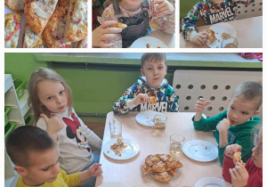 Dzieci siedzą przy stoliku u jedzą pizze