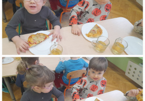Kolaż zdjęć. Dzieci degustują pizze.