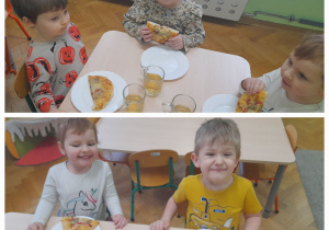 Kolaż zdjęć. Dzieci degustują pizze.