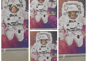 Kolaż zdjeć. Dzieci w fotobudce astronauta