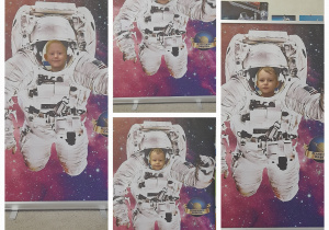 Kolaż zdjeć. Dzieci w fotobudce astronauta