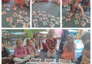 Dzieci siedzą na dywanie i biorą udział w zajęciach edukacyjnych na temat motyli, na dywanie rozłożone są ilustracje motyli