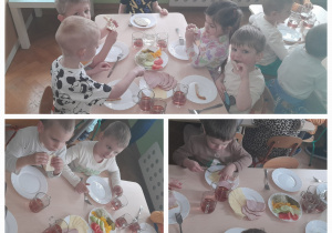 Dzieci siedzą przy stolikach i przygotowują sobie śniadanie.