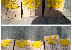 Efekty pracy dzieci - tekturki z narysowanymi wazonami i kwiatami mniszka lekarskiego