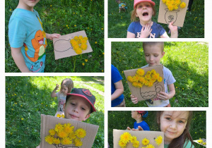 Dzieci prezentują efekt swojej pracy - tekturki z narysowanymi wazonami i kwiatami mlecza