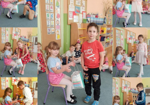 Dziewczynka siedzi na krześle i częstuje dzieci cukierkami urodzinowymi