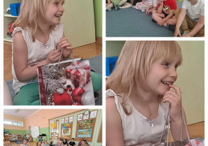 Dzieci siedzą na dywanie i składają koleżance życzenia / dziewczynka uśmiecha się i trzyma torbę z cukierkami