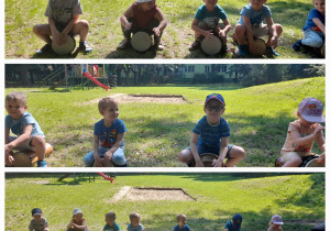 Kolaż zdjec. Dzieci siedza na trawie i grają na bębnach.