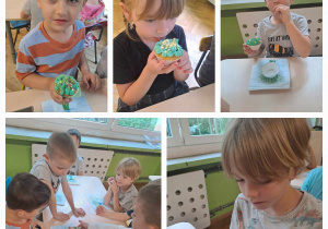 Dzieci jedzą urodzinowe babeczki / chłopiec częstuje dzieci babeczkami