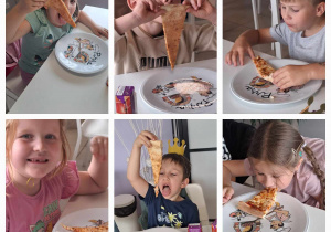 Dzieci siedzą przy stolikach i jedzą pizze