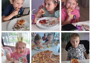 Dzieci siedzą przy stolikach i jedzą pizze