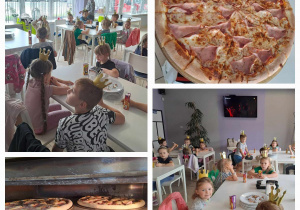 Kolaż zdjęć - dzieci czekają na pizzę przy stolikach / Pizza w piecu / gotowa pizza