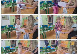 Dzieci odbierają nagrody z udział w konkursie z rąk dyrektora przedszkola