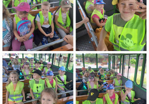 Dzieci siedzą na ławkach w wagonie kolejki, którą będą zwiedzać zoo