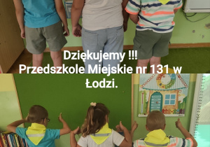 Dzieci stoją tyłem i prezentują chusty odblaskowe