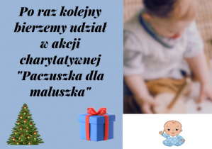Zdjęcie plakatu na niebieskim tle. Po prawej stronie widać dziecko w wieku przedszkolnym. Na dole widać choinkę, prezent oraz niemowlaka.