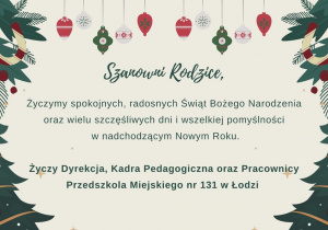 Życzenia dla rodziców, po bokach dwie choinki, na górze bombki.