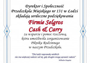 Podziękowanie dla firmy Selgros Cash&Carry za wsparcie rzeczowe