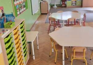 Sala przedszkolna grypy dzieci 6 letnich -stoły i krzesła, szafki, tablica z pomocami dydaktycznymi